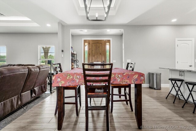 30185 N 3994th Dr, Ramona, OK 74061 - dining room with a raised ceiling, recessed lighting, and light wood finished floors