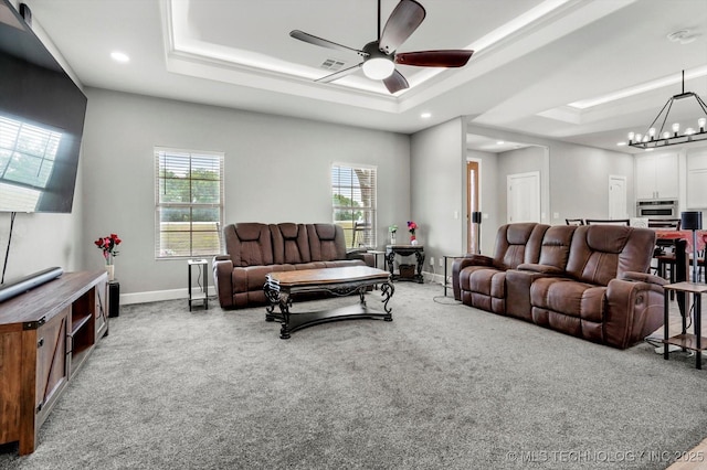 30185 N 3994th Dr, Ramona, OK 74061 - living room with a tray ceiling, carpet flooring, recessed lighting, and ceiling fan