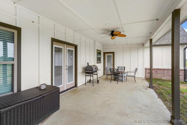 30185 N 3994th Dr, Ramona, OK 74061 - view of patio / terrace with ceiling fan, french doors, outdoor dining area, and area for grilling