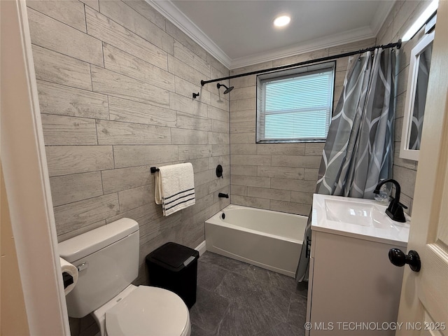 2109 Delaware St, Muskogee, OK 74403 - full bathroom featuring ornamental molding, vanity, shower / tub combo with curtain, toilet, and tile walls