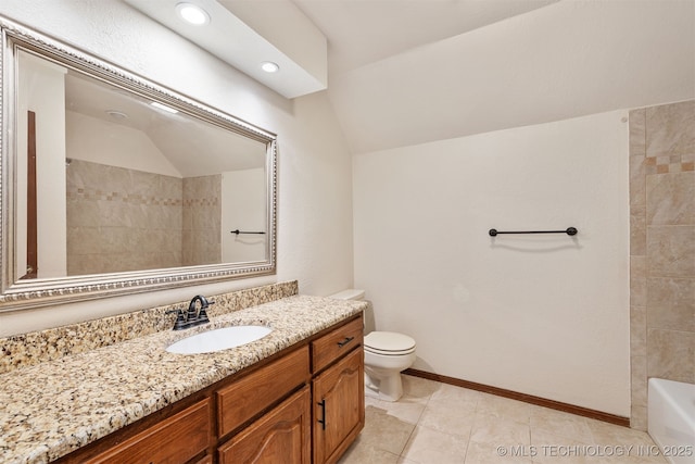 3508 Kimberlea, Muskogee, OK 74403 - bathroom featuring vanity, toilet, lofted ceiling, tile patterned floors, and baseboards