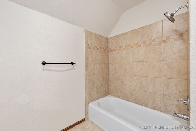3508 Kimberlea, Muskogee, OK 74403 - bathroom with lofted ceiling, bathing tub / shower combination, baseboards, and tile patterned floors