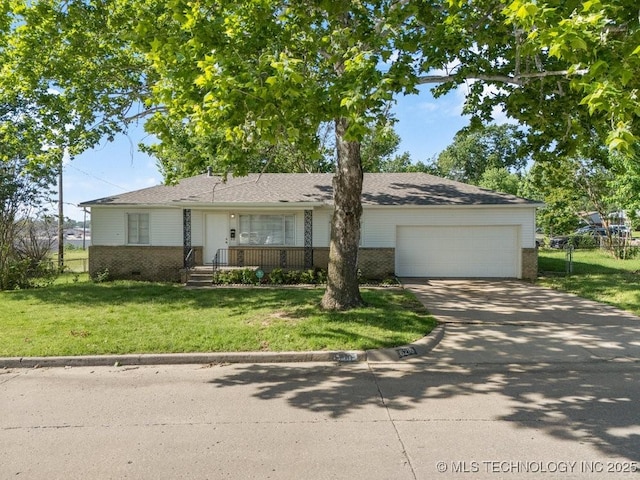 6210 E 17th St, Tulsa, OK 74112 - view of front of home with brick siding, a garage, a front lawn, and concrete driveway