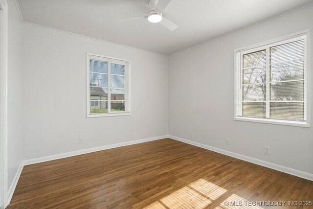 6210 E 17th St, Tulsa, OK 74112 - empty room with wood finished floors, ornamental molding, baseboards, and ceiling fan