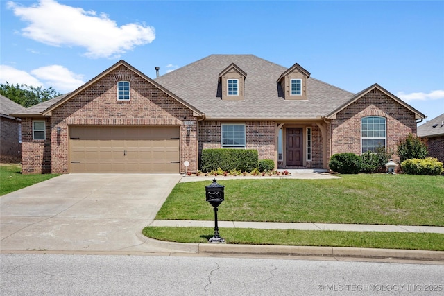 400 E Fargo St, Broken Arrow, OK 74012 - view of front of property featuring brick siding, roof with shingles, an attached garage, a front lawn, and driveway