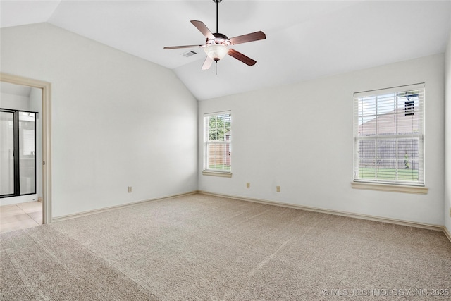 400 E Fargo St, Broken Arrow, OK 74012 - unfurnished room featuring lofted ceiling, light carpet, ceiling fan, and baseboards
