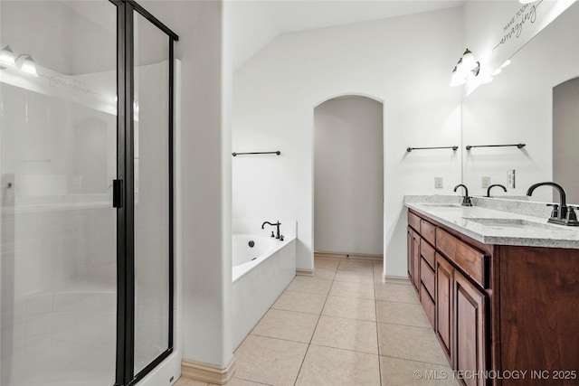 400 E Fargo St, Broken Arrow, OK 74012 - full bath with a stall shower, double vanity, a bath, and tile patterned floors