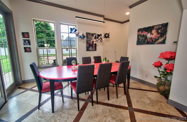 3704 River Bend Rd, Muskogee, OK 74403 - dining space featuring inlaid floor details, ornamental molding, baseboards, plenty of natural light, and recessed lighting
