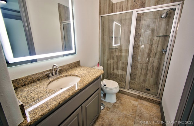 3704 River Bend Rd, Muskogee, OK 74403 - full bathroom featuring vanity, a stall shower, toilet, and tile patterned floors