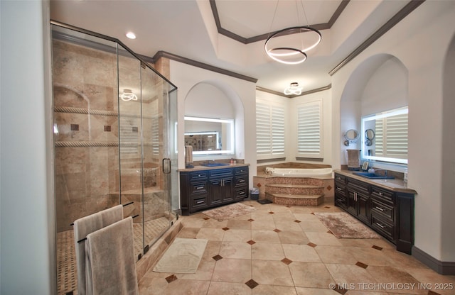 3704 River Bend Rd, Muskogee, OK 74403 - bathroom with crown molding, vanity, a bath, a shower stall, and tile patterned floors