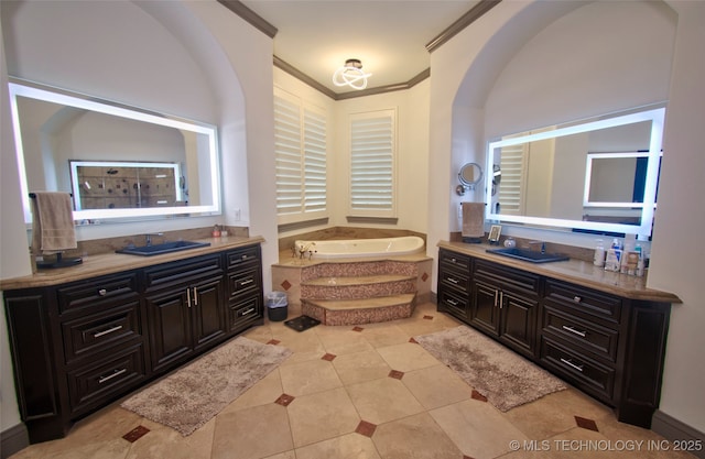 3704 River Bend Rd, Muskogee, OK 74403 - full bathroom featuring two vanities, a bath, tile patterned flooring, and crown molding