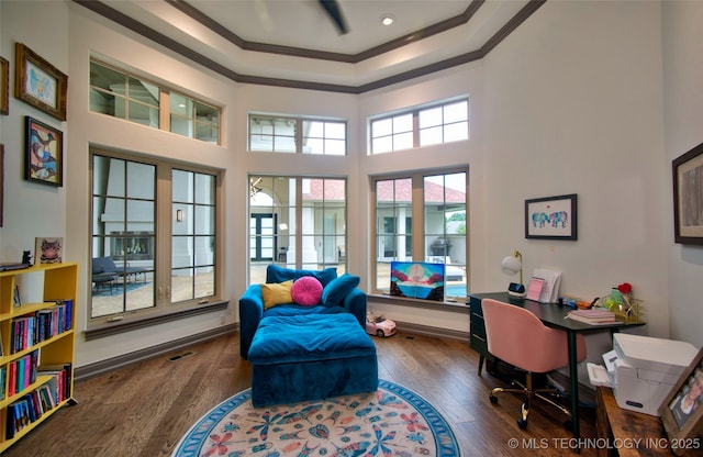 3704 River Bend Rd, Muskogee, OK 74403 - home office featuring crown molding, wood finished floors, a towering ceiling, a tray ceiling, and recessed lighting