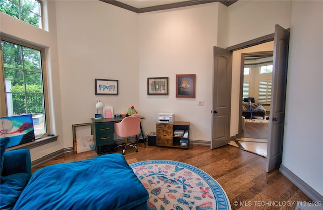 3704 River Bend Rd, Muskogee, OK 74403 - office with healthy amount of natural light, a high ceiling, wood finished floors, crown molding, and baseboards