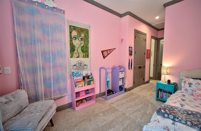 3704 River Bend Rd, Muskogee, OK 74403 - carpeted bedroom featuring crown molding, recessed lighting, and baseboards