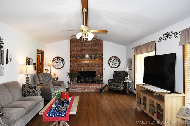 990 Turney Ave, Tahlequah, OK 74464 - living room featuring a ceiling fan, dark wood finished floors, and a brick fireplace