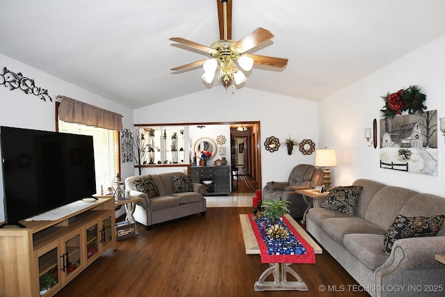 990 Turney Ave, Tahlequah, OK 74464 - living room featuring vaulted ceiling, dark wood-type flooring, and ceiling fan