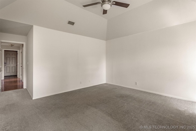 3713 S Poplar Ave, Broken Arrow, OK 74011 - empty room featuring dark colored carpet, a ceiling fan, baseboards, and vaulted ceiling
