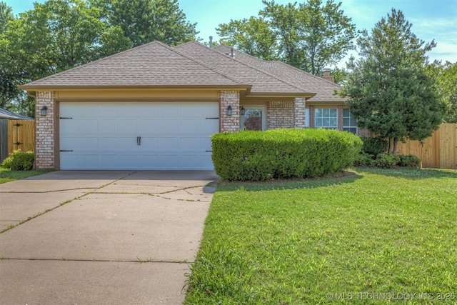 3713 S Poplar Ave, Broken Arrow, OK 74011 - view of front of home with driveway, brick siding, a garage, roof with shingles, and a chimney