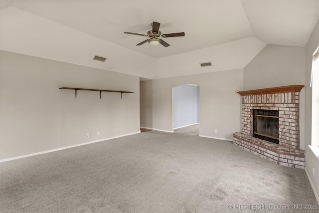 3713 S Poplar Ave, Broken Arrow, OK 74011 - unfurnished living room with a ceiling fan, lofted ceiling, carpet flooring, a brick fireplace, and baseboards