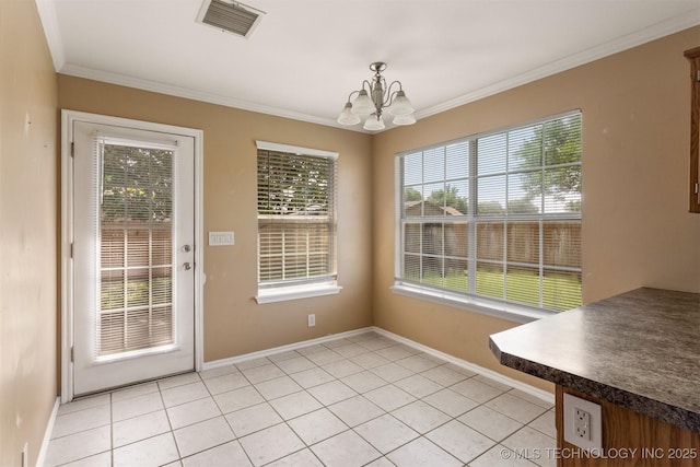 3713 S Poplar Ave, Broken Arrow, OK 74011 - unfurnished dining area with a chandelier, ornamental molding, light tile patterned floors, and baseboards