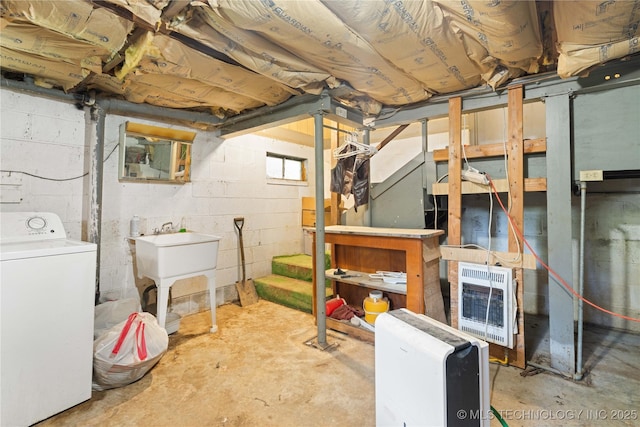 800 N Hwy 10, Gore, OK 74435 - unfinished basement featuring washer / dryer and heating unit