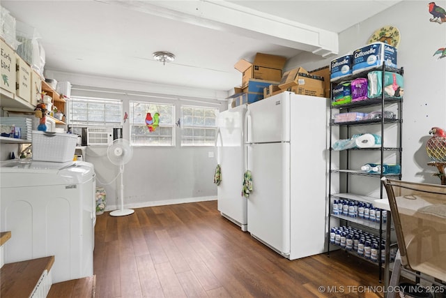 800 N Hwy 10, Gore, OK 74435 - kitchen featuring freestanding refrigerator, washer / dryer, wood finished floors, and cooling unit