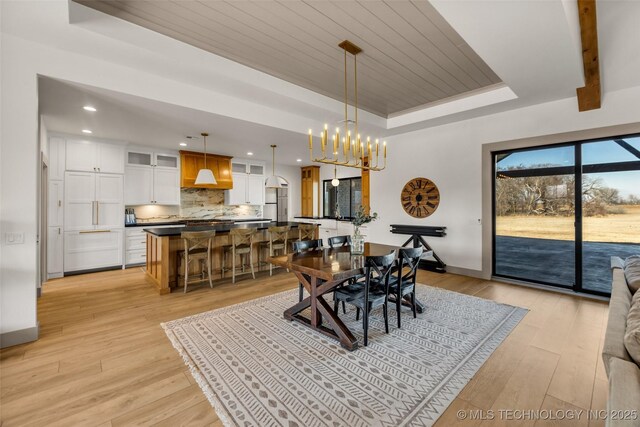 35795 E 231st St S, Porter, OK 74454 - dining area with a tray ceiling, a chandelier, light wood finished floors, wood ceiling, and baseboards