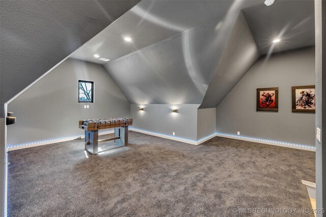35795 E 231st St S, Porter, OK 74454 - playroom with carpet, baseboards, lofted ceiling, and recessed lighting