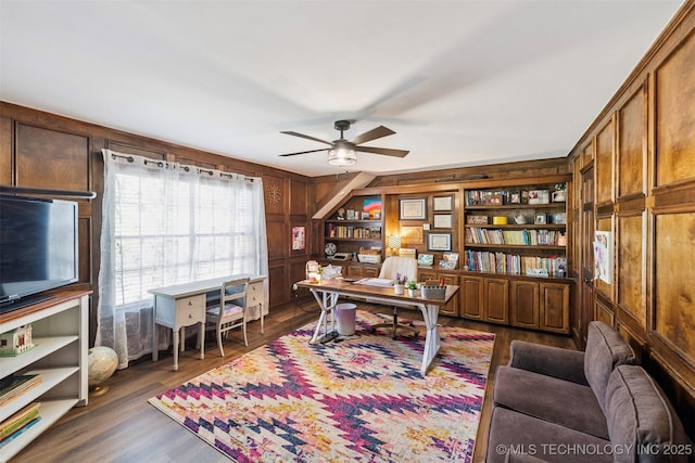 22547 S Dogwood Ct, Claremore, OK 74019 - office featuring a ceiling fan, dark wood-type flooring, and wooden walls
