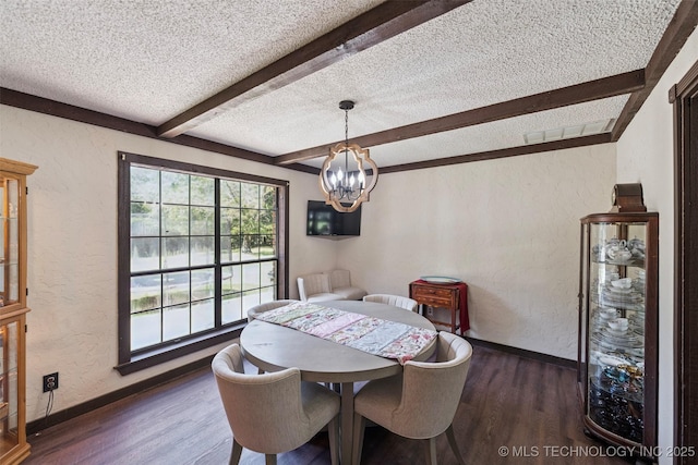 22547 S Dogwood Ct, Claremore, OK 74019 - dining area featuring a textured wall, a textured ceiling, beamed ceiling, wood finished floors, and a chandelier