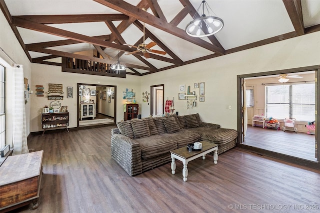 22547 S Dogwood Ct, Claremore, OK 74019 - living room with a ceiling fan, high vaulted ceiling, beam ceiling, and wood finished floors