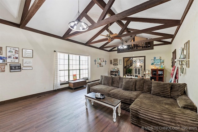 22547 S Dogwood Ct, Claremore, OK 74019 - living room featuring high vaulted ceiling, beam ceiling, dark wood-style flooring, and ceiling fan
