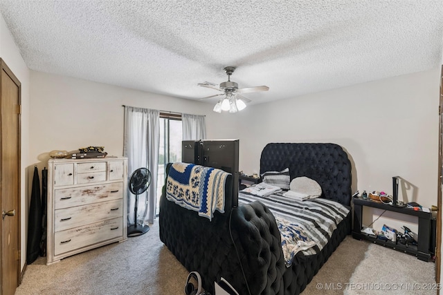 22547 S Dogwood Ct, Claremore, OK 74019 - bedroom with light colored carpet, a ceiling fan, and a textured ceiling