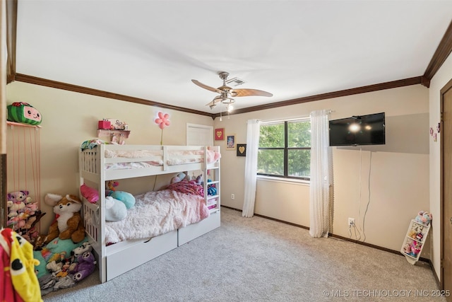 22547 S Dogwood Ct, Claremore, OK 74019 - bedroom with ornamental molding, carpet flooring, and a ceiling fan
