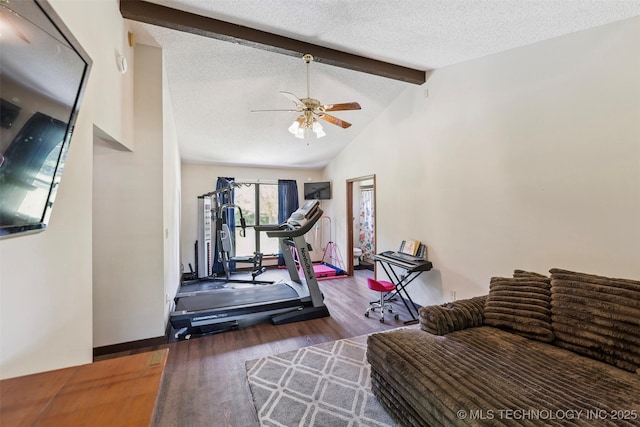 22547 S Dogwood Ct, Claremore, OK 74019 - exercise area with wood finished floors, ceiling fan, vaulted ceiling, and a textured ceiling