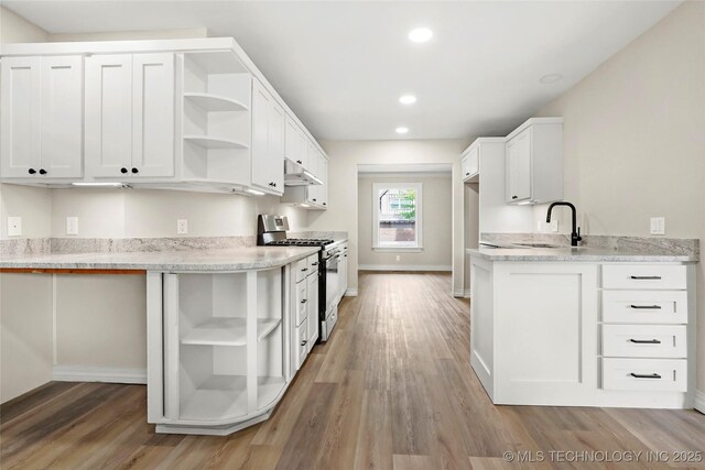 6722 S 72nd E Ave, Tulsa, OK 74133 - kitchen with open shelves, stainless steel gas range, under cabinet range hood, a sink, and recessed lighting