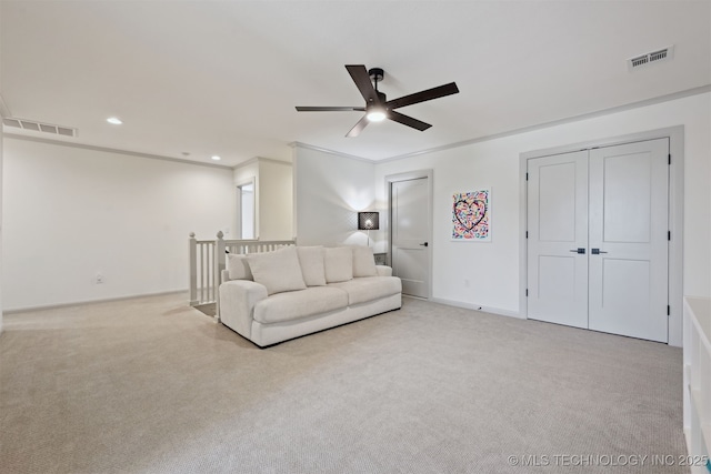 3009 W Van Buren Ct, Broken Arrow, OK 74011 - living room featuring a ceiling fan, light carpet, and recessed lighting
