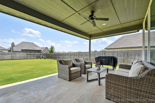 3009 W Van Buren Ct, Broken Arrow, OK 74011 - fenced backyard featuring outdoor lounge area, ceiling fan, and a patio