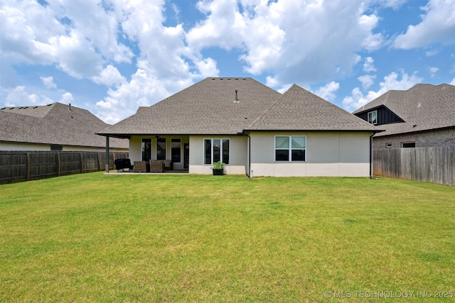 3009 W Van Buren Ct, Broken Arrow, OK 74011 - rear view of house with outdoor lounge area, a fenced backyard, stucco siding, and a shingled roof