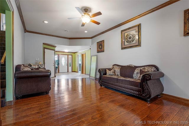 17822 S 44th W Ave, Mounds, OK 74047 - living area with a ceiling fan, wood-type flooring, ornamental molding, baseboards, and recessed lighting