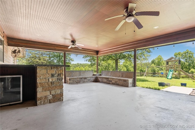 33820 W 261st St S, Bristow, OK 74010 - view of patio / terrace with a playground and a ceiling fan