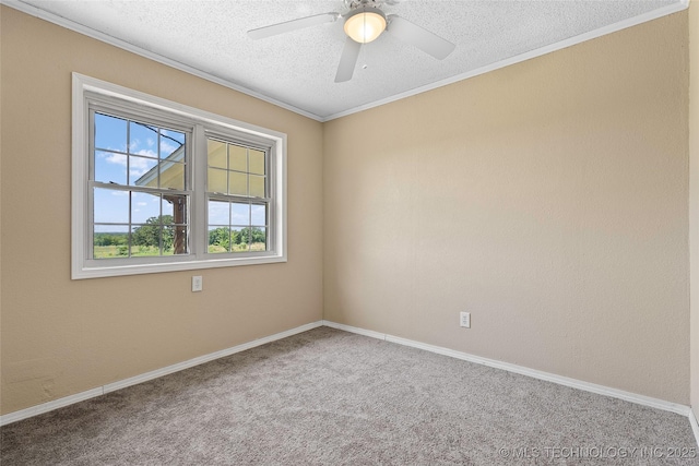 1822 Abner Rd, Overbrook, OK 73453 - spare room with carpet flooring, a textured ceiling, ceiling fan, ornamental molding, and baseboards