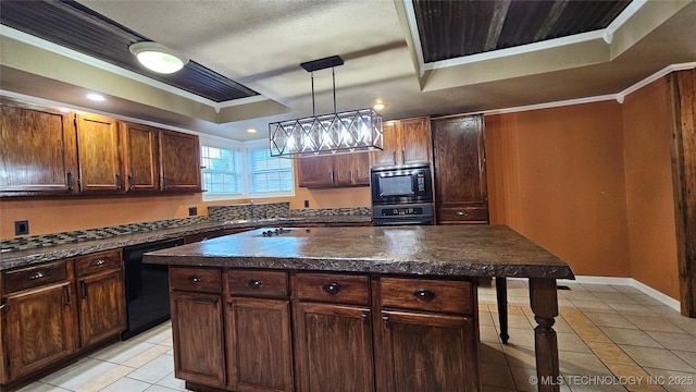 6401 S 86th E Ave, Tulsa, OK 74133 - kitchen with black appliances, light tile patterned floors, dark countertops, crown molding, and a tray ceiling