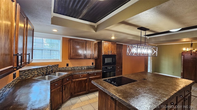 6401 S 86th E Ave, Tulsa, OK 74133 - kitchen with a raised ceiling, black appliances, a chandelier, dark countertops, and ornamental molding