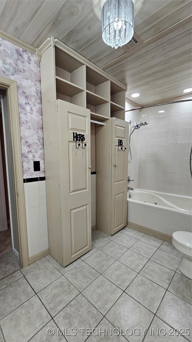 6401 S 86th E Ave, Tulsa, OK 74133 - full bathroom featuring tile patterned floors, wallpapered walls, tub / shower combination, and wainscoting