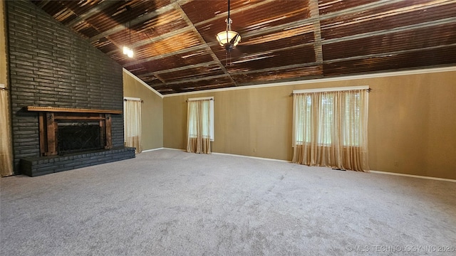 6401 S 86th E Ave, Tulsa, OK 74133 - unfurnished living room with plenty of natural light, carpet, a fireplace, wood ceiling, and vaulted ceiling