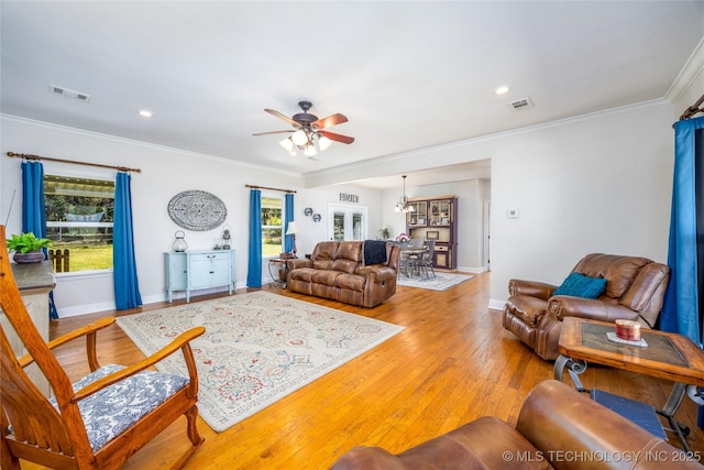 3127 Pleasant Hill Rd, Caddo, OK 74729 - living area with ceiling fan, ornamental molding, baseboards, light wood-style floors, and recessed lighting