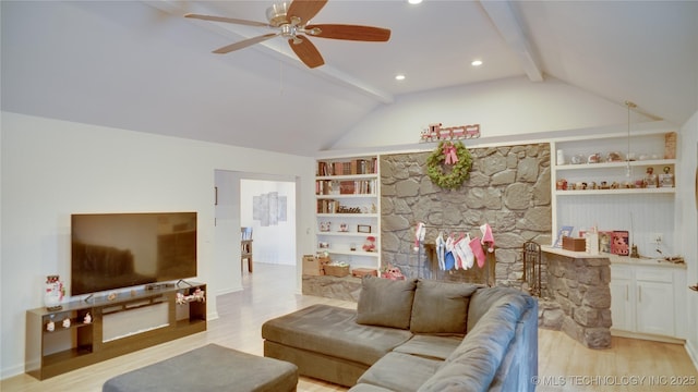 8722 E 74th Pl, Tulsa, OK 74133 - living area featuring light wood-type flooring, a ceiling fan, baseboards, recessed lighting, and built in shelves