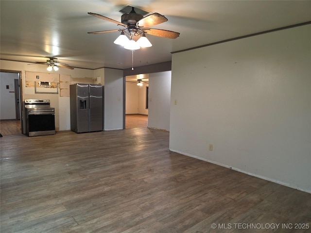 14202 E 492nd Rd, Claremore, OK 74019 - kitchen with stainless steel electric stove, refrigerator with ice dispenser, ceiling fan, and wood finished floors