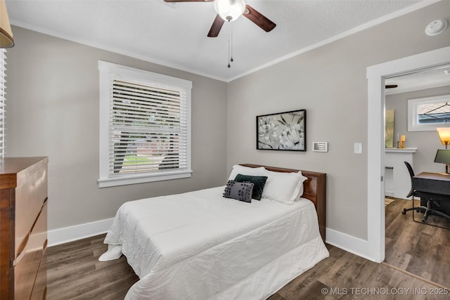 149 N Columbia Pl, Tulsa, OK 74110 - bedroom featuring wood finished floors, crown molding, a desk, and a ceiling fan